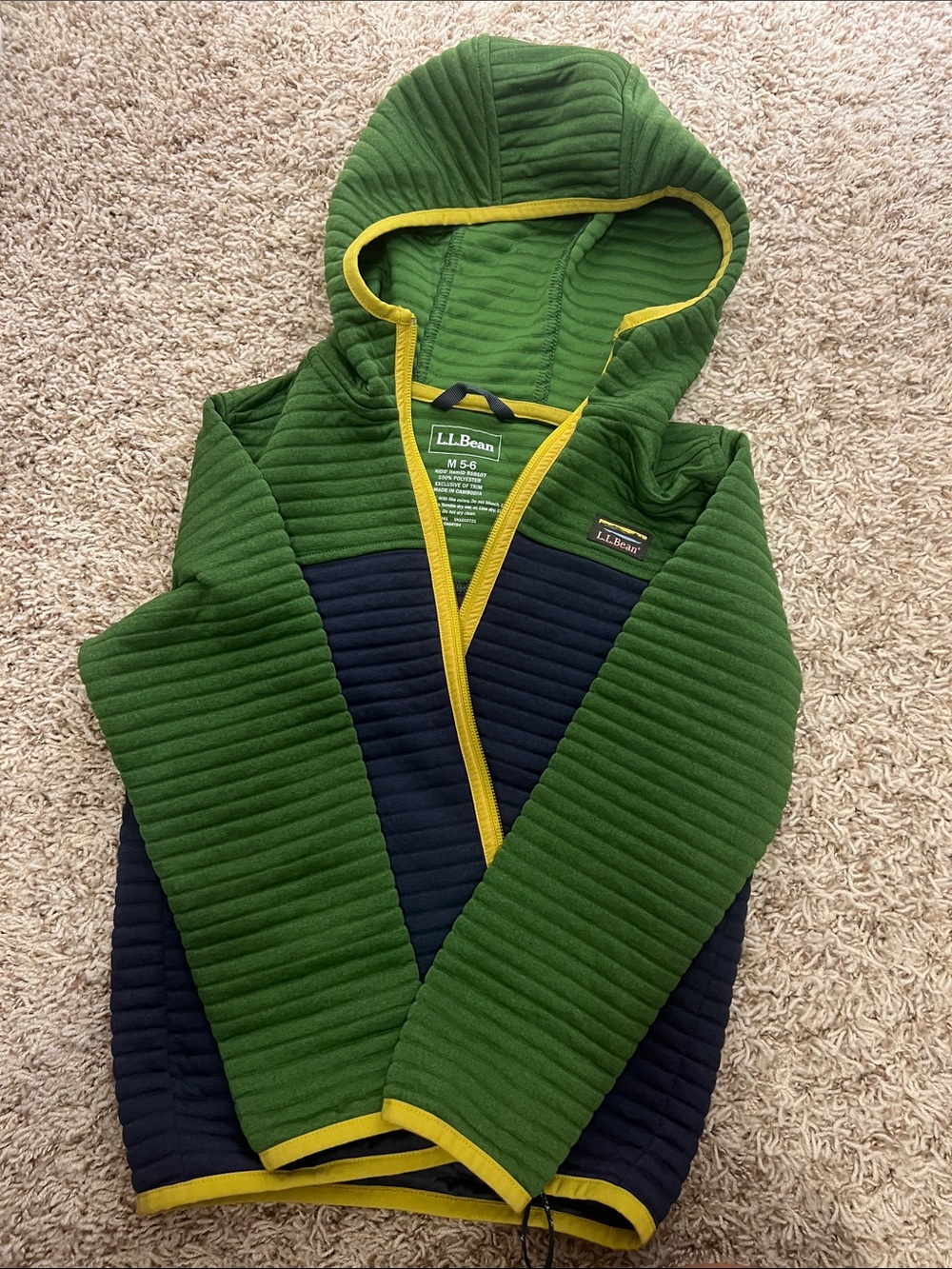 L.L. Bean Green, Navy & Yellow Quilted Hooded Jacket